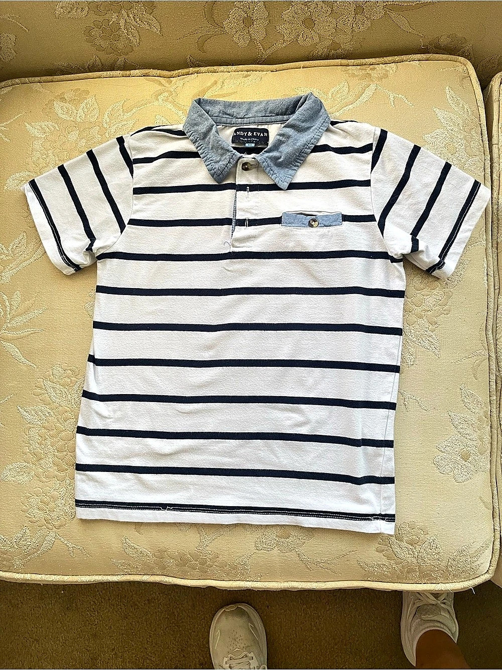 Andy & Evan Striped Polo Shirt in White & Blue Boys Size 6Y